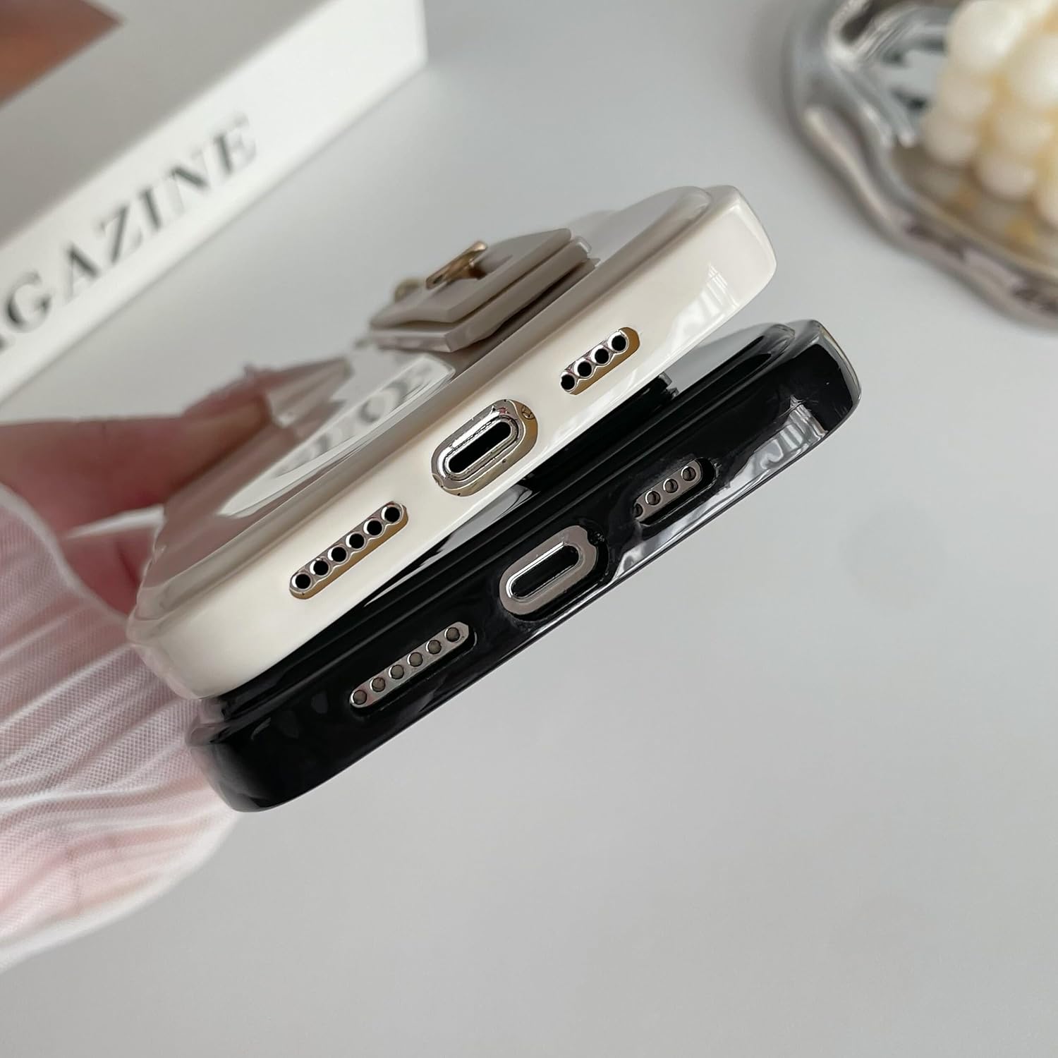 FABSPARK Phone Case for iPhone 14 with Flexible Adjustable Soft Finger Hand Wrist Strap Holder Kickstand,Wave Design Wavy Frame Silicone Aesthetic for iPhone 14 Phone Case,Beige - Image 5