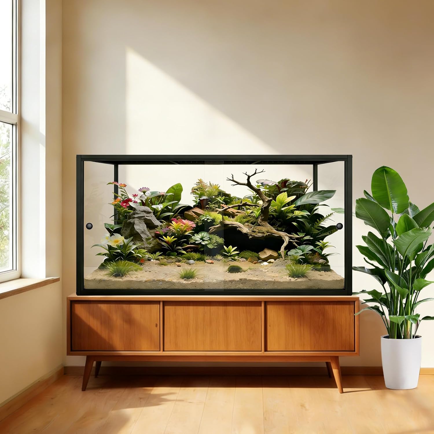 120-Gallon Reptile Enclosure, 48” x 24” x 24” Reptile Habitat Tank, Bearded Dragon Enclosure with Sliding Front Door, Top Screen Ventilation, Panoramic Viewing, Easy Installation