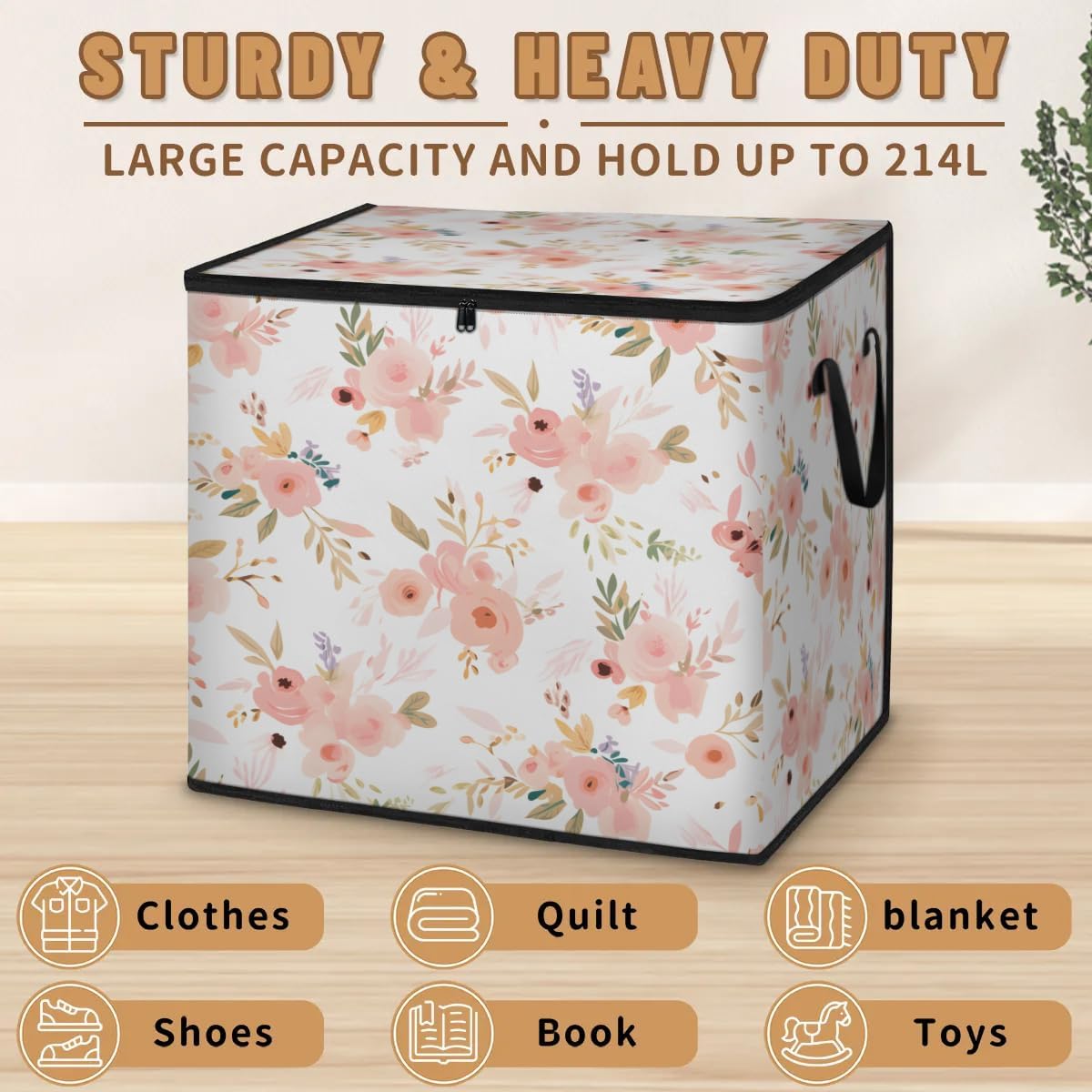 Honeybaby 214L Extra Large Comforter Storage Bag Flower Patterned Floral Storage Totes with Lids Waterproof Closet Organizer Folding Blanket Storage Bags for Clothes Bedding Pillows