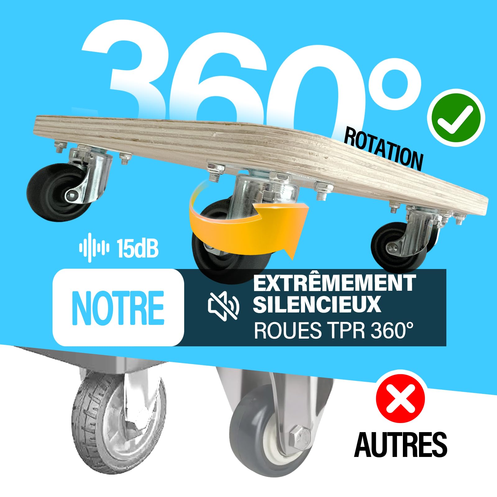 Planche à Roulette en Bois avec Corde et Crochets | Plateau 30×30 cm 1,8 cm d’Épaisseur | 200 kg Charge | roulettes Silencieuses 360° | Poignée Intégrée, Prête à l’Emploi