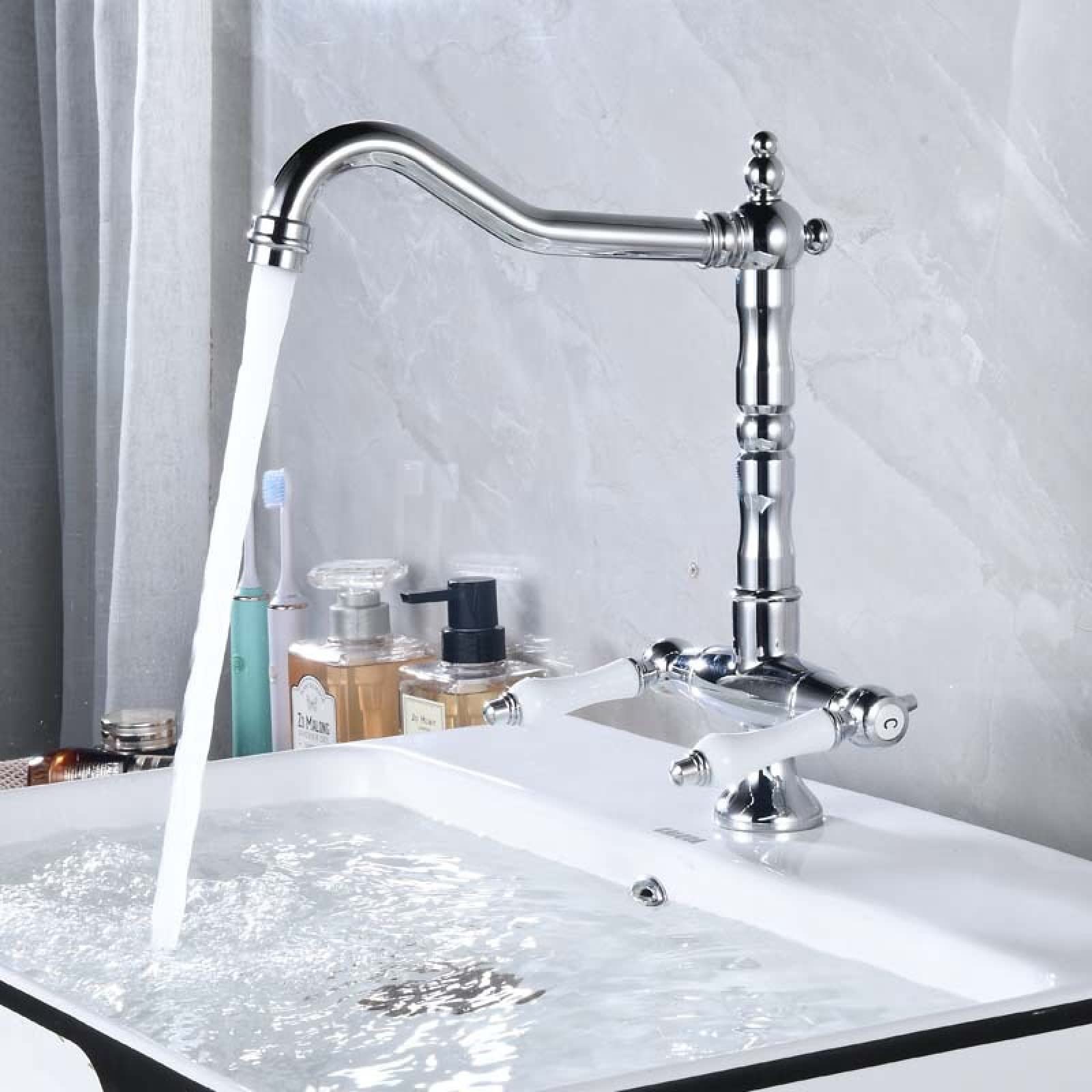 Fanjubei Chrome Silver Kitchen Rotating Double-Handle Hot And Cold Basin Faucet,