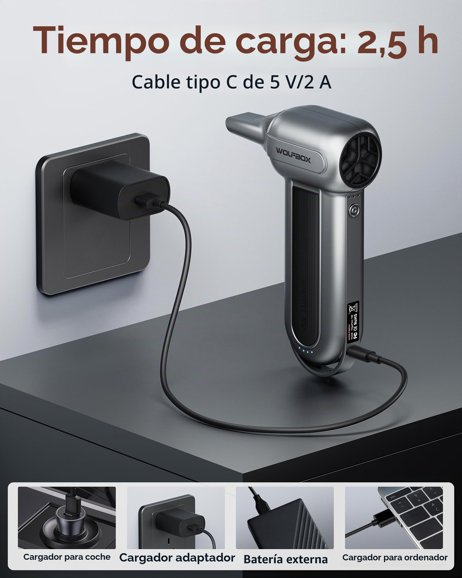 WOLFBOX MF100 plumero eléctrico de aire-150000RPM Super Power inalámbrico plumero de aire, motor sin escobillas recargable, 3-Gear ajustable soplador de polvo para el ordenador, teclado, casa y coche