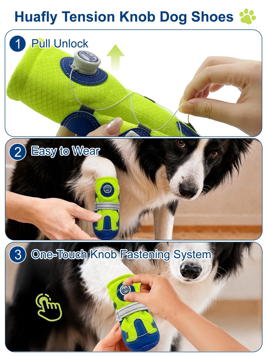 Huafly Hundeschuhe mit Zugknopf, Twist-Lock-Hundeschuhe und Pfotenschutz für kleine, mittelgroße und große Hunde, rutschfeste Sohle, atmungsaktives Netzgewebe, reflektierender Riemen für Wandern