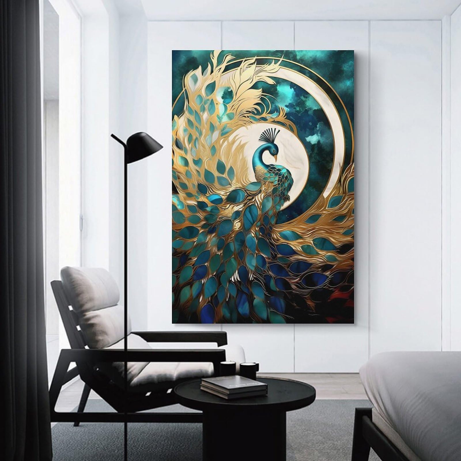 Amazon.co.jp: クジャク羽 花 孔雀 月 ポスター キャンバス プリント