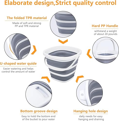 Miniatura 28 de Paquete de 2 cubos plegables pequeños, 1.4 galones/5 litros sin BPA, cubos de agua plegables para lavado de autos, campamento, playa, juego de Gris