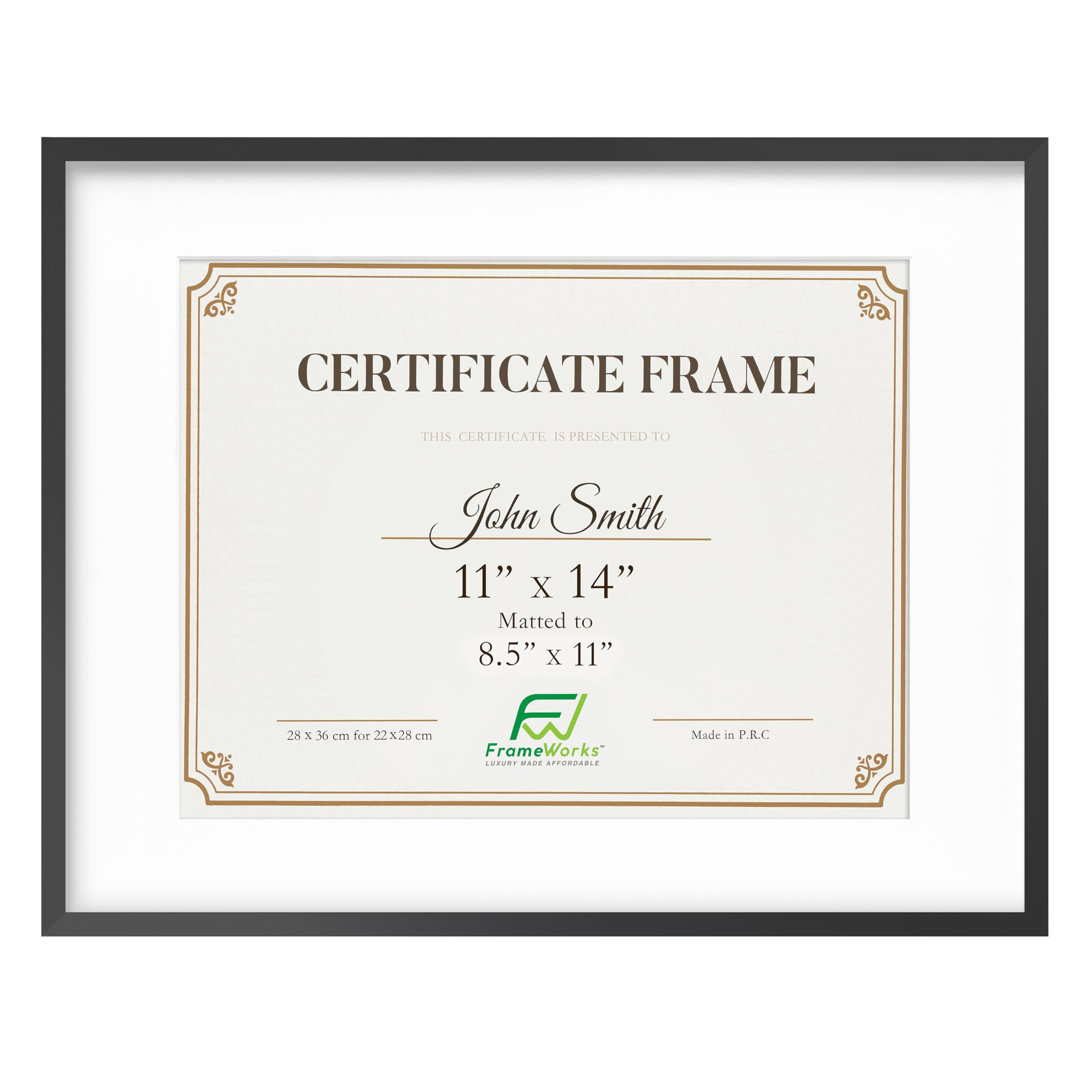 FrameWorks 28 cm x 35 cm matowa do 21,5 cm x 28 cm – luksusowa czarna aluminiowa współczesna ramka dyplomowa ze szkłem hartowanym i zdejmowaną matą