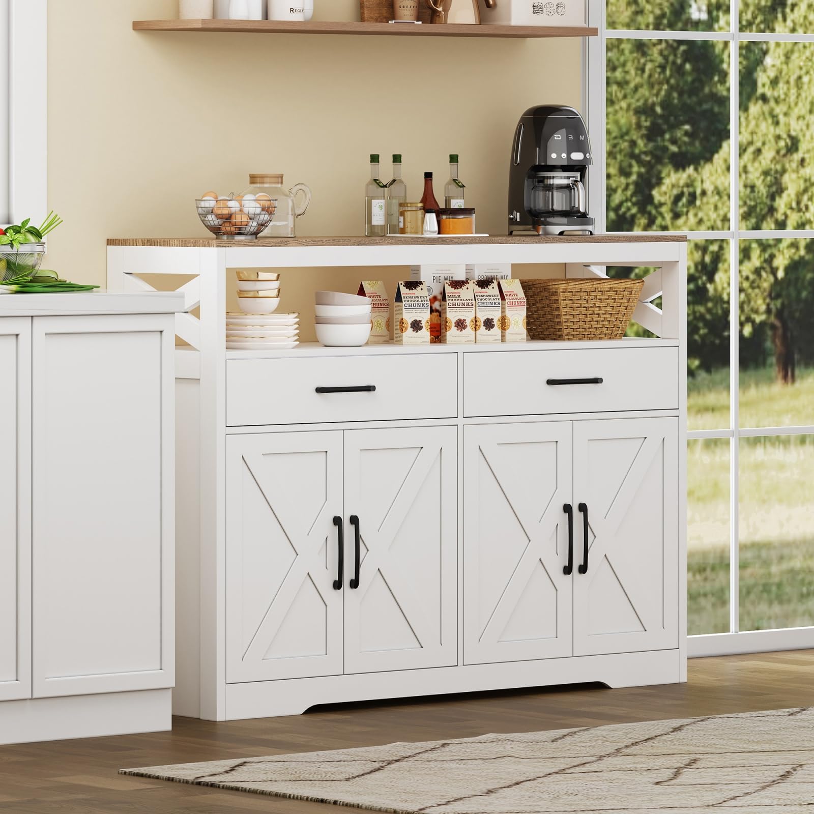 Mobile portaoggetti con 2 cassetti e 4 ante,Credenza Cucina,Scomparto Aperto e ripiano regolabile,Buffet Mobile de Cucina Bassa, credenza sala da pranzo per cucina, 140x40x105cm,bianco