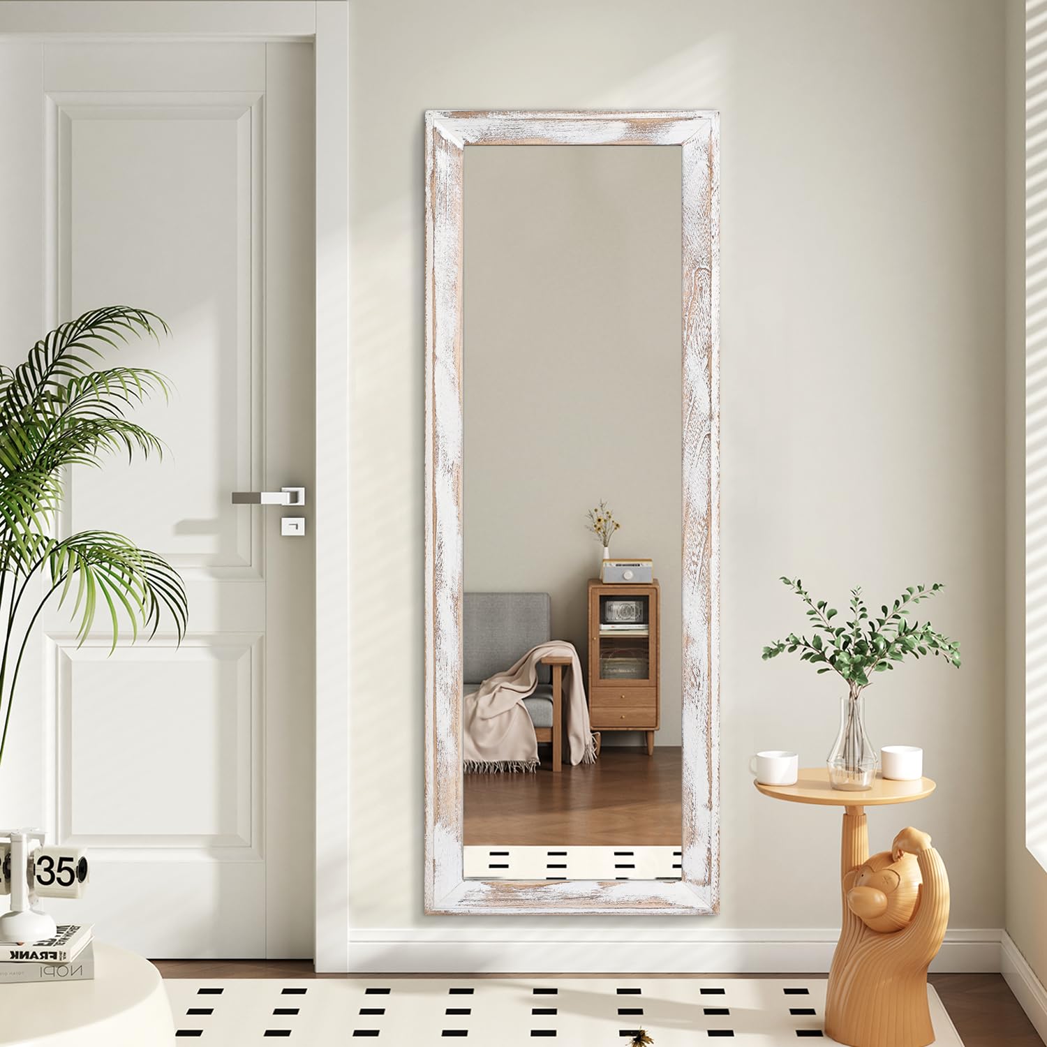 AAZZKANG Full Length Mirror with Wood Framed 110L x 35W cm Rustic Large Wall Hanging Mirrors for Bedroom Living Room Bathroom Entryway Rectangular White