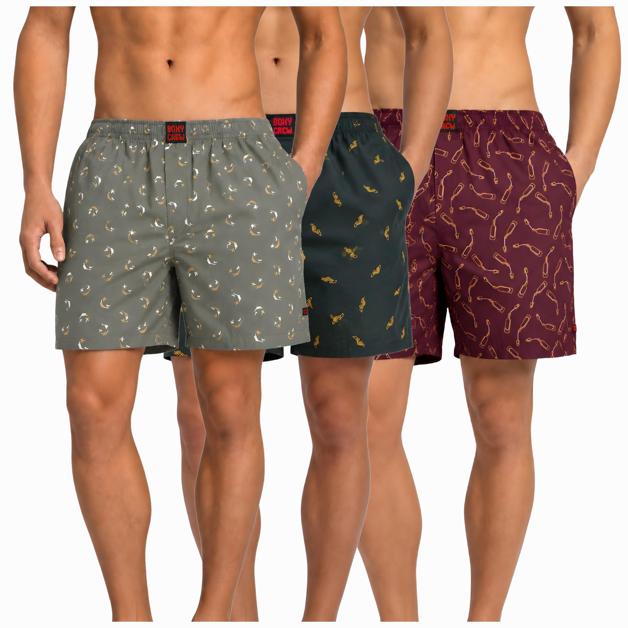 Men's 100% Cotton Boxer Shorts Pack of 3, Green, Dark Teal & Maroon | Woven Boxers with Side Pockets, No-Marks Elastic Waistband, Breathable Relaxed Fit | Style 008-010-014-image-45