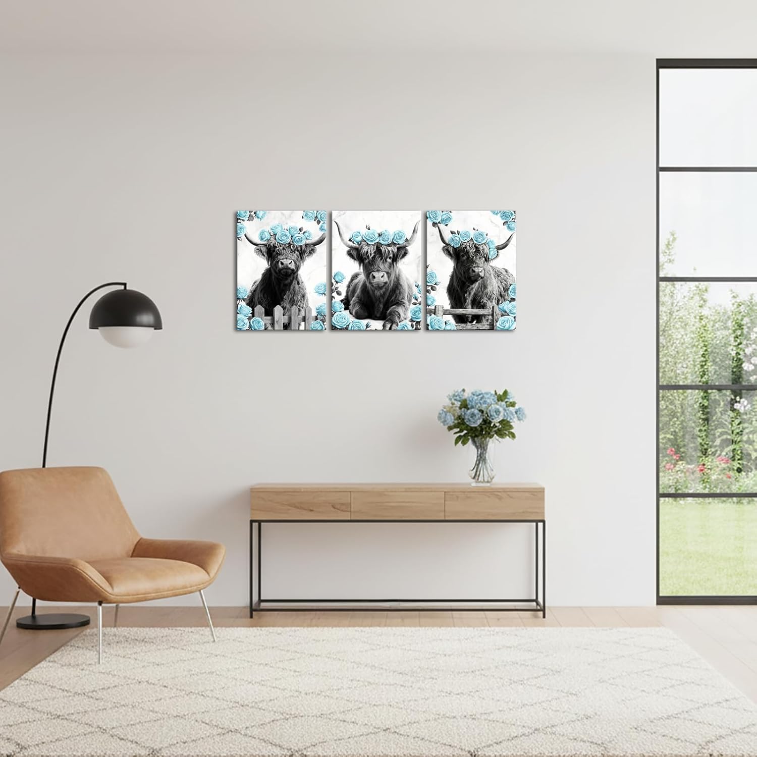 sechars Highland Cow Wall Art Black and White Highland Cattle with Roses Painting Prints Country Farmhouse Bathroom Decor (Teal)
