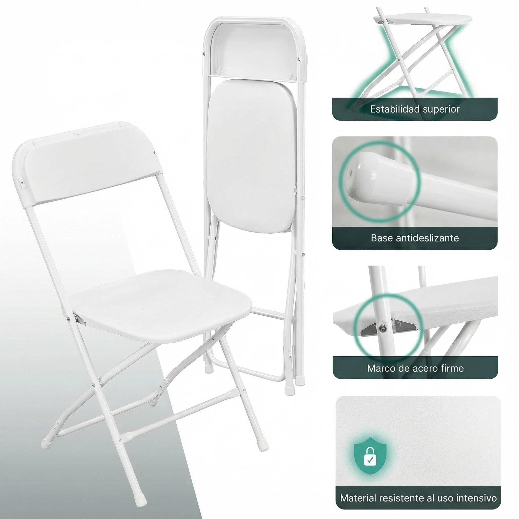 Premium Moments Silla Plegable para Interior y Exterior – Plástico Reforzado y Patas de Hierro con Refuerzo de Acero – Soporta hasta 160 kg – Ligera 2,5 kg – Fácil de Guardar y Limpiar (2, Blanca) — view 9
