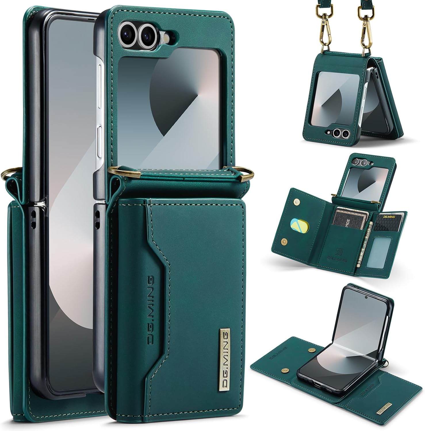 Samsung Galaxy Z Flip 7 Wallet Case with Card Slots and Detachable Shoulder Strap - Matte Leather - Green