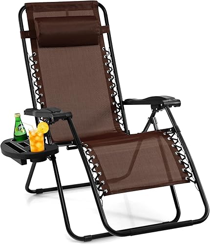 Giantex Zero Gravity - Silla reclinable para patio al aire libre con portavasos y almohada extraíble, respaldo ajustable, silla de salón interior