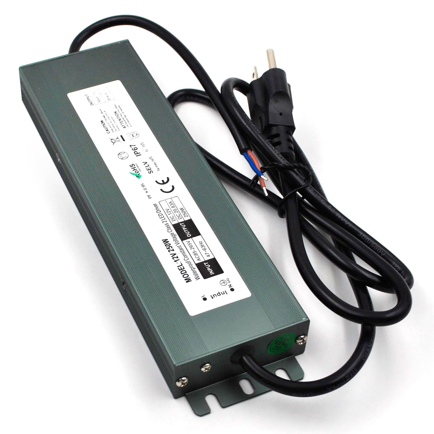 LED Driver 12V 250W Waterproof IP67 Power Supply Transformer, 85V-265V AC to 12V DC Low Voltage Output, LED Transformer with 3-Prong Plug Cable for LED Light, Computer Project, Outdoor Light