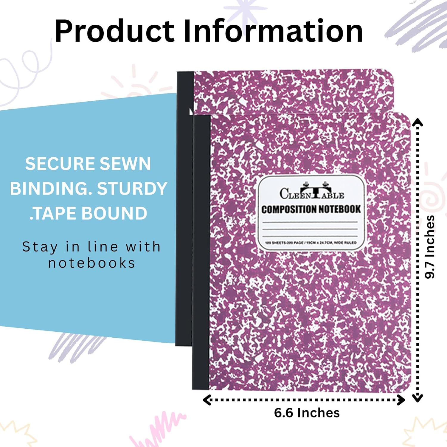 CLEENTABLE Composition Notebook 12 Pack, Wide Ruled Paper, Marble Cover Notebooks for School, 9.75 x 7.5 Inches, 100 Sheets (200 Pages), Sewn Binding Comp Books, Purple