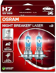 OSRAM NIGHT BREAKER LASER H7, +Lâmpada de farol de halogêneo 150% mais brilhante, 64210NL-2HB, 12V, caixa dobrável suspensa (2 lâmpadas)