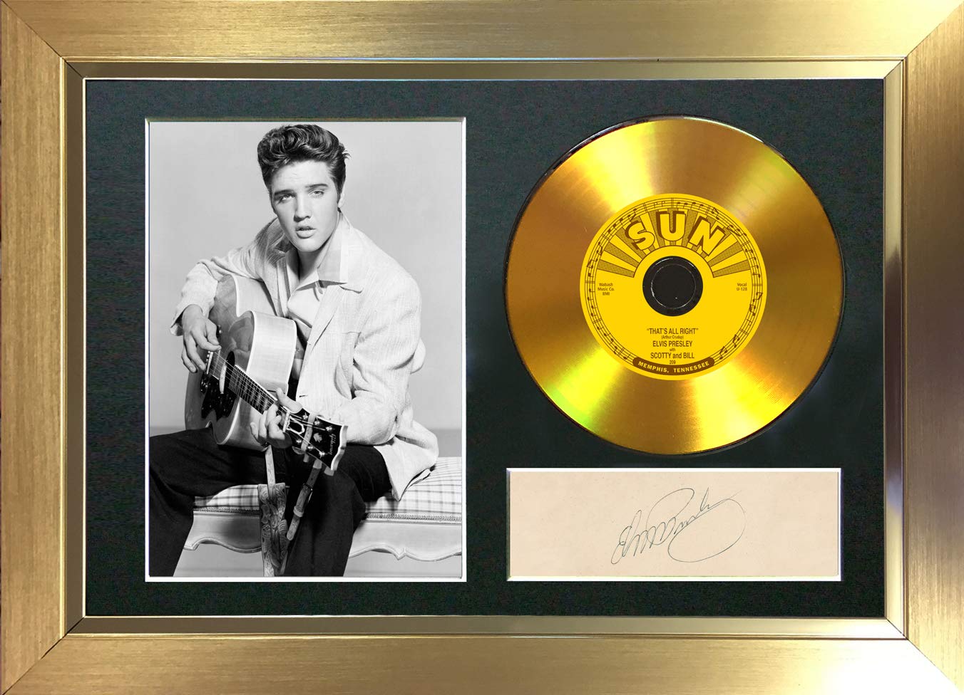 The Autograph Collector Gold,Black #131 Gold Disc Elvis Presley Thats All Right Signed Autograph Mounted Reproduction A4 Print (Gold Frame)