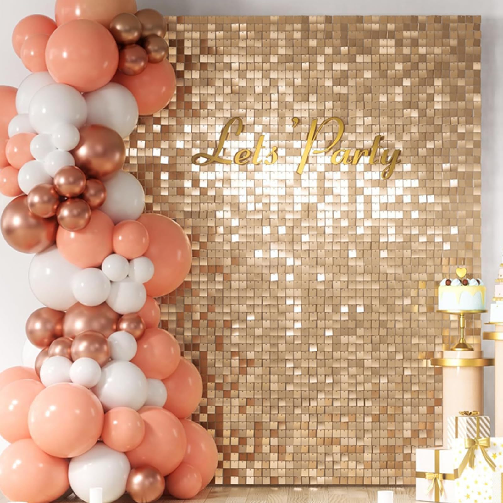 Fondale da parete color oro champagne luccicante, 30 cm x 30 cm × 24 pannelli quadrati con paillettes | Fondale per cabina fotografica per compleanni, matrimoni, baby shower (1,8 m x 1,2 m)