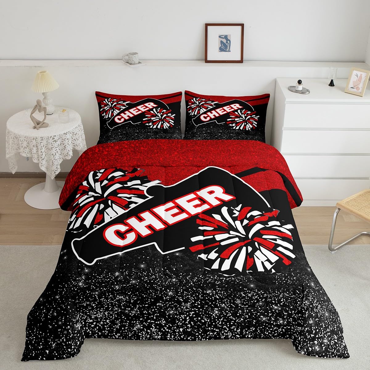 Feelyou Red Glitter Cheer Comforter Set Dreamy Girly Gymnastic Sports Comforter for Kids Boys Girls Gymnastics Lovers Bedding Set Cheer Sports Glitter Duvet Set Room Decor Quilt Full Size Boys