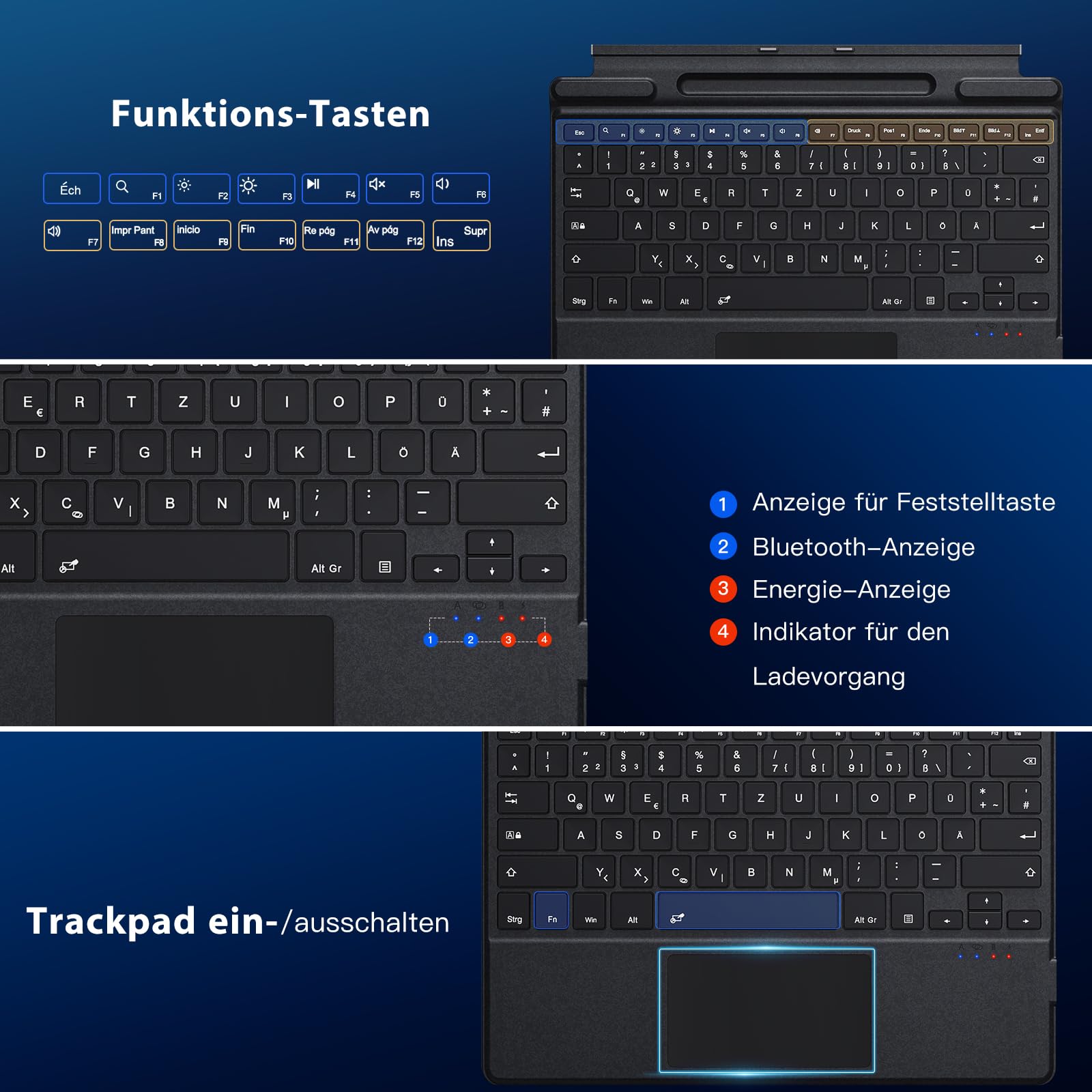 MoKo Deutsche Tastatur für Microsoft Surface Pro 12(13 Zoll 2026)/11/10/9/8/X, QWERTZ Layout Kabellose Bluetooth Typ Cover Tastatur mit Integriertem Wiederaufladbaren Akku Bluetooth Keyboard, Grau