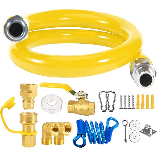 YELLOW 3/4" × 48 inch Commercial Gas Line Hose, 1675KIT48 Safety System Kit, Mobile Gas Hose Connector Kit for Commercial Kitchen, with 3/4" Quick Disconnect