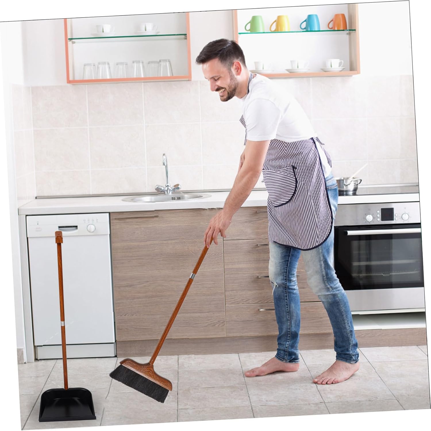 GLEAVI Redwood Broom Dustpan Set Long Handled Brush Dustpan Soft Horsehair for Fine Dust Cleaning