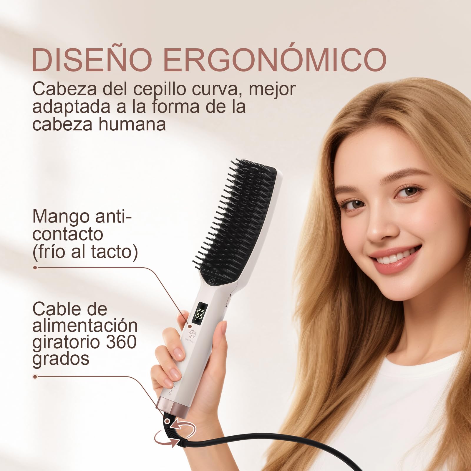 Cepillo Alisador de Pelo con Iones - Diseñado para Cabello Grueso, Rizado - Cepillo Alisador con Cerdas de Cerámica y Calentamiento Rápido - 16 Temperaturas (80-230°C) - Doble Voltaje