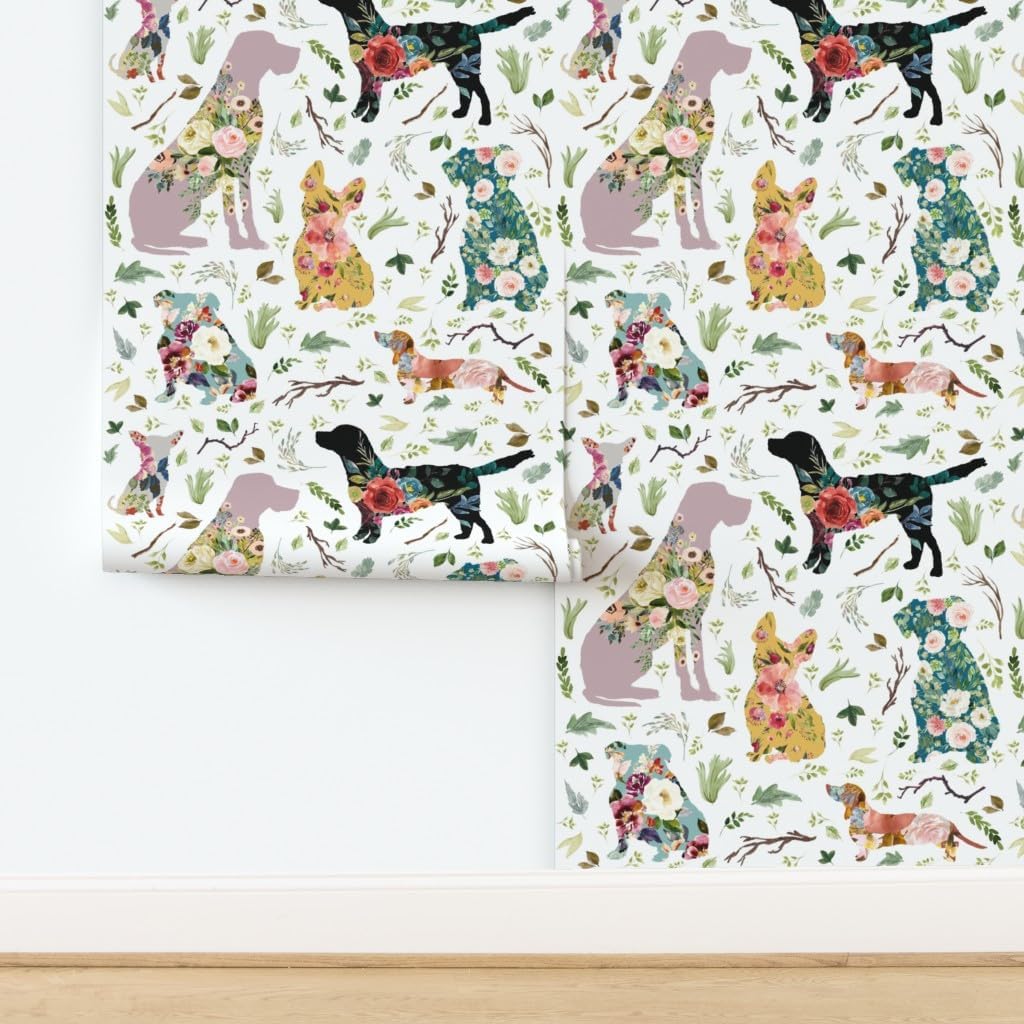 Peel & Stick Wallpaper 3ft x 2ft - Patchwork Dogs Blue Yellow Floral Animals Baby Girls Silhouette Custom Removable Wallpaper by Spoonflower