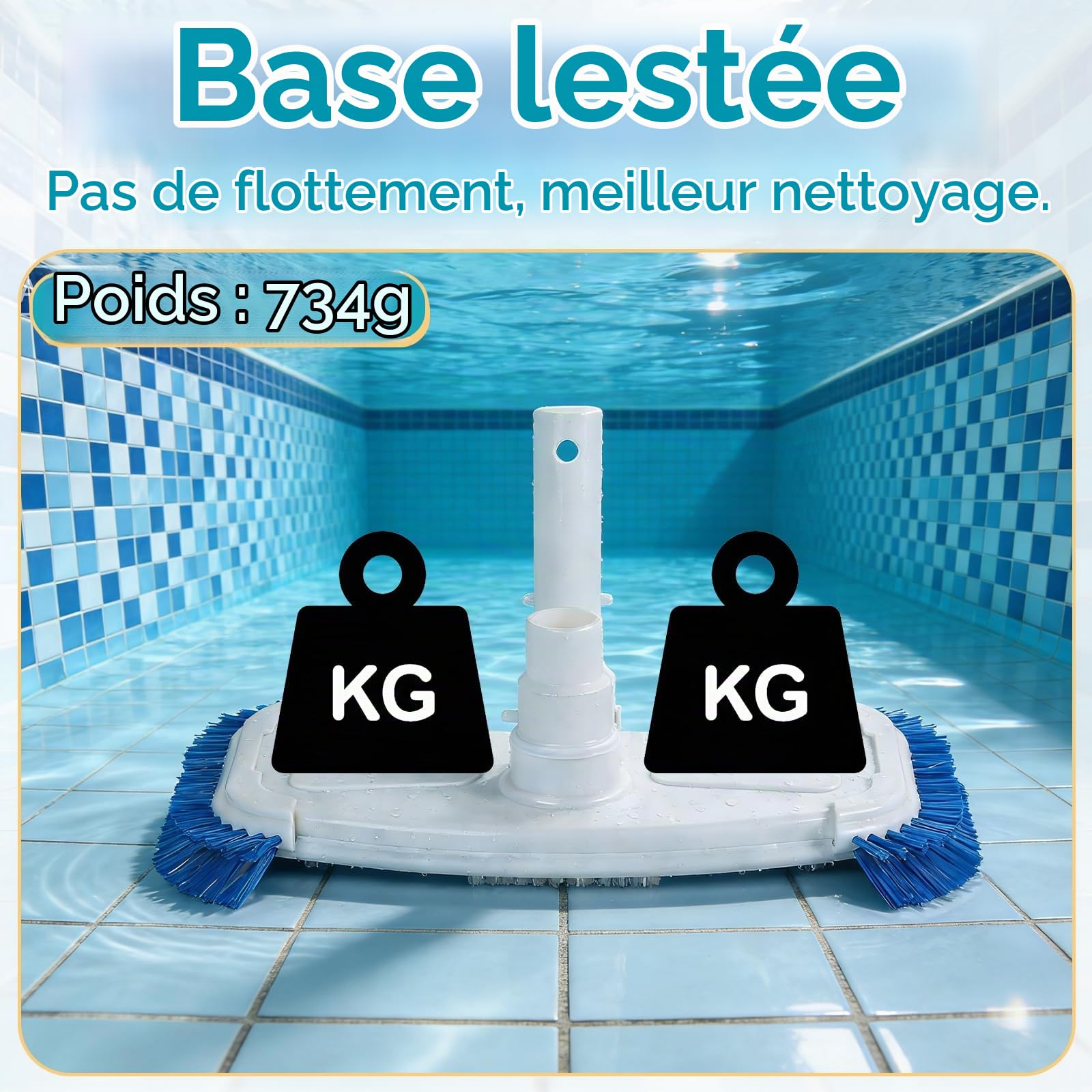EFUTURETIME Aspirateur de Piscine Manuel avec φ38 mm Tuyau de 7,5 m | Tête d’aspiration Lestée avec Perche Télescopique 2,7 m et Rouleaux et Brosses Latérales et Lnférieures