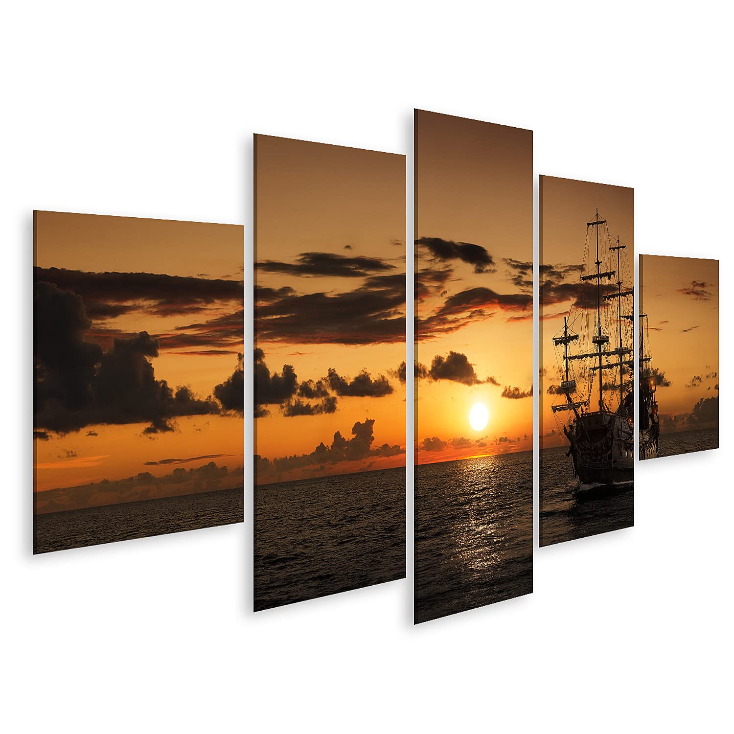 Tableau Sur Toile 3 Panneaux Bateau Pirate Coucher De Soleil - Poster Murale Décoration Islandburner