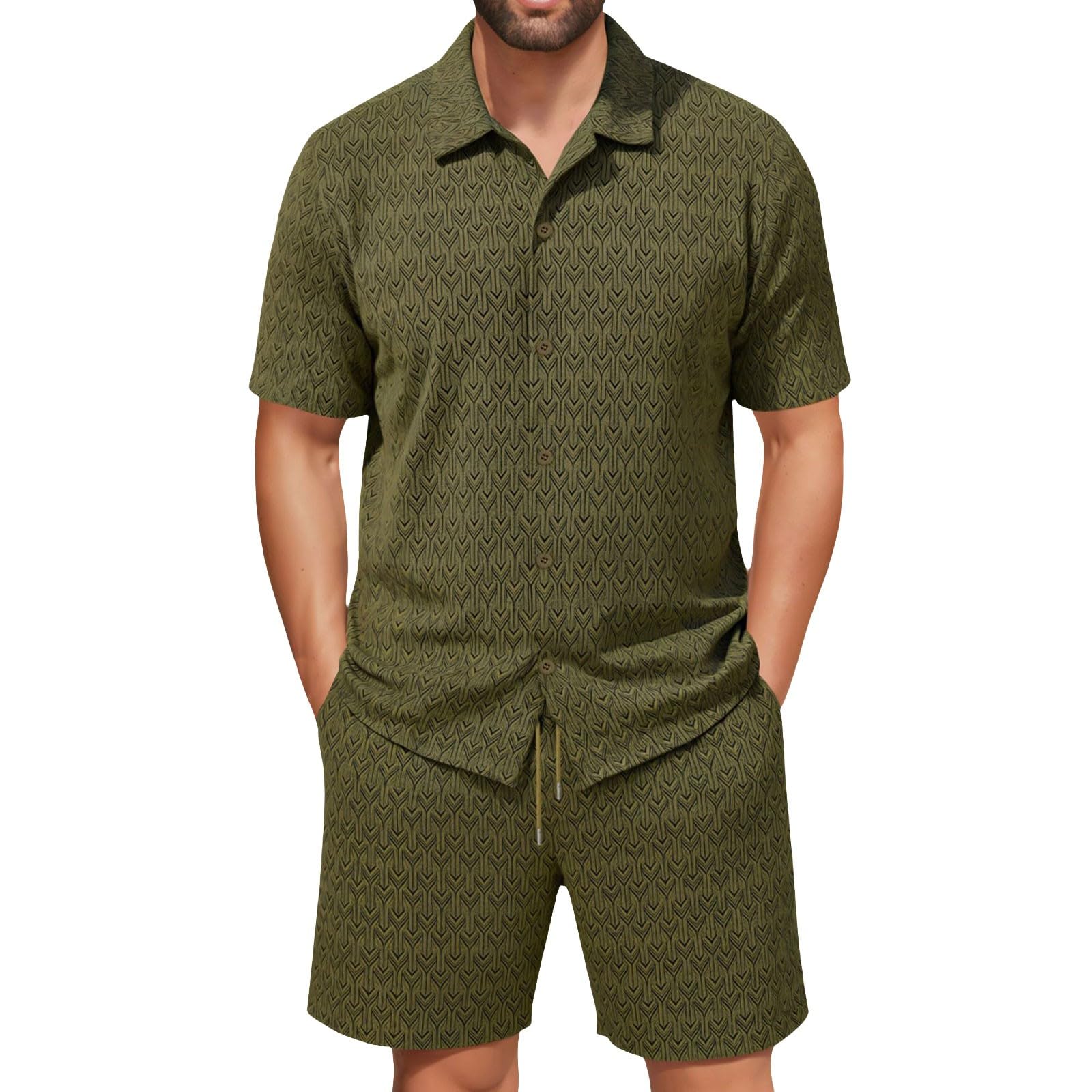 Tuta estiva da uomo, 2 pezzi, traspirante, con bottoni, con pantaloncini, leggera, per il tempo libero, con colletto a risvolto, due pezzi, in jacquard, da spiaggia