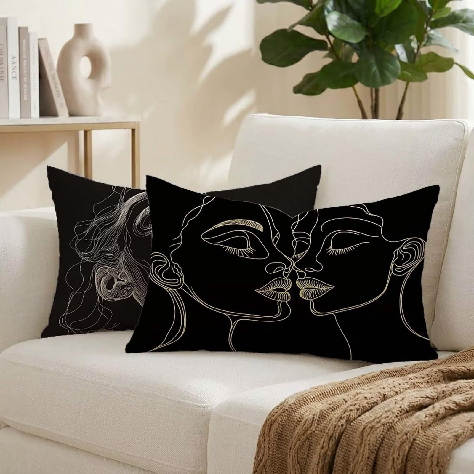 Housse Coussin Exterieur Rectangulaire 40x60 cm Lot de 2 Noir en Velours K-4200