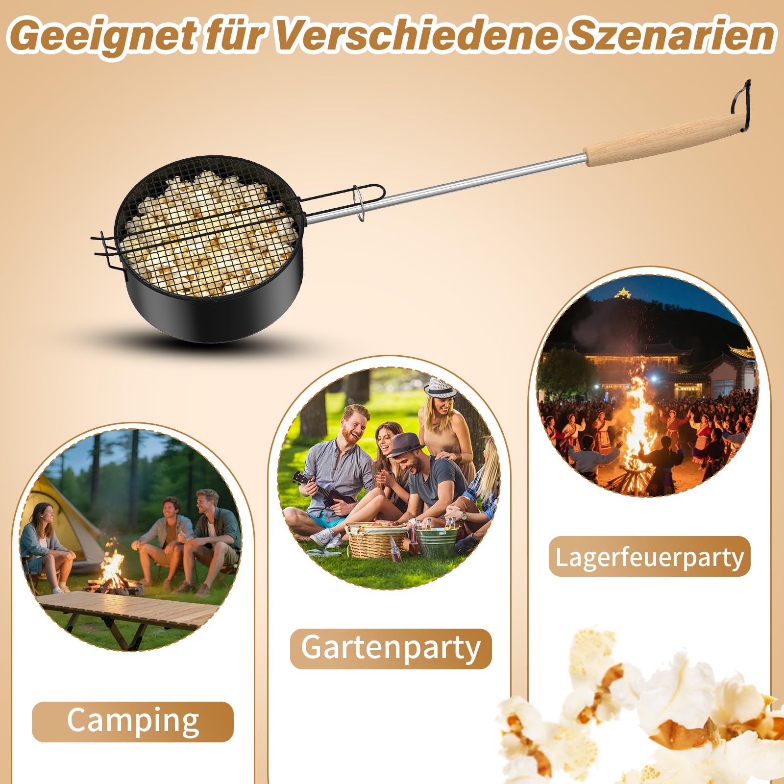 Stufa a Pop-Corn per Fuoco da Camp in Acciaio Al Carbonio, Macchina per Pop-Corn Antiaderente per Esterni per Fuoco da Campo, Stufa a Pop-Corn Portatile per Casa, Barbecue, Campeggio e Giardino Party