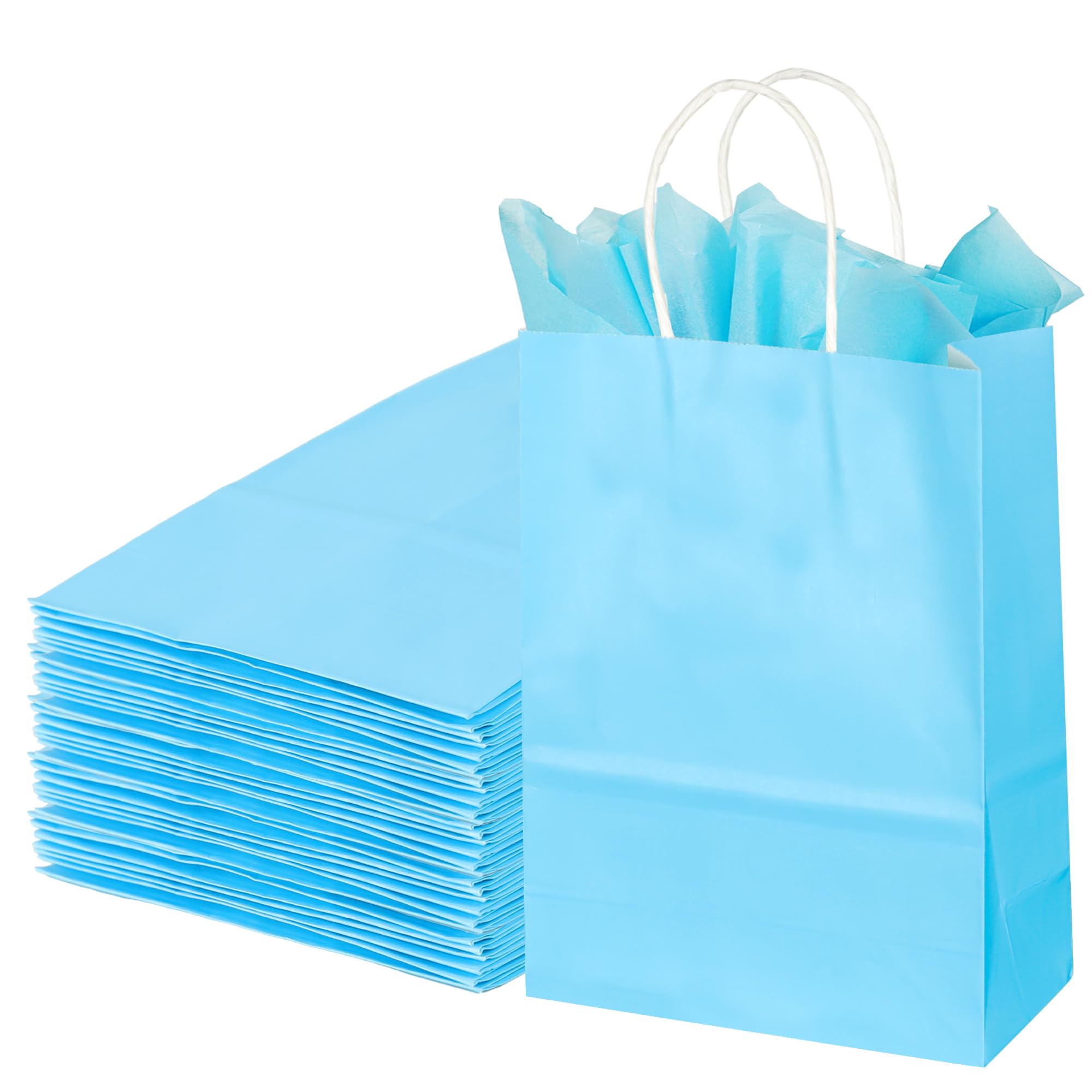 BLEWINDZ 32Pcs Small Paper Gift Bags with Tissues, Light Blue Party Favor Bags with Handles, 8.7" Goodie Bag for Birthday, Shopping, Party Supplies