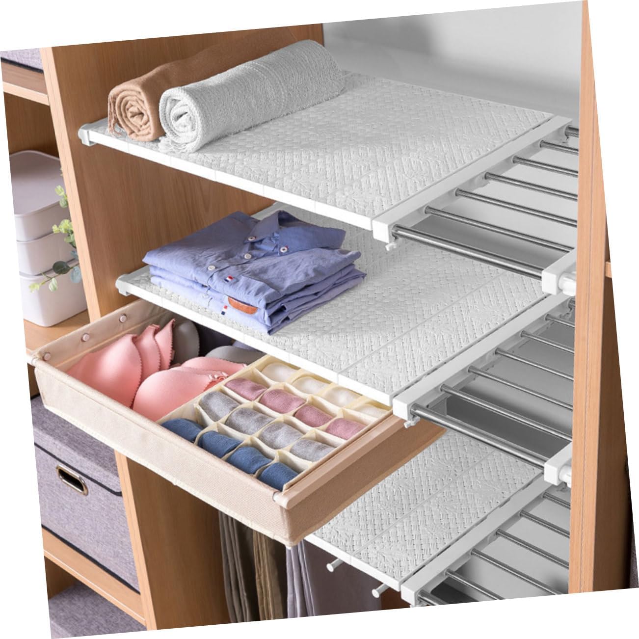 Adjustable Wardrobe Shelf Divider Punch-Free Storage Rack for Clothes Shoes and Accessories White for Closet Organization and Space Saving