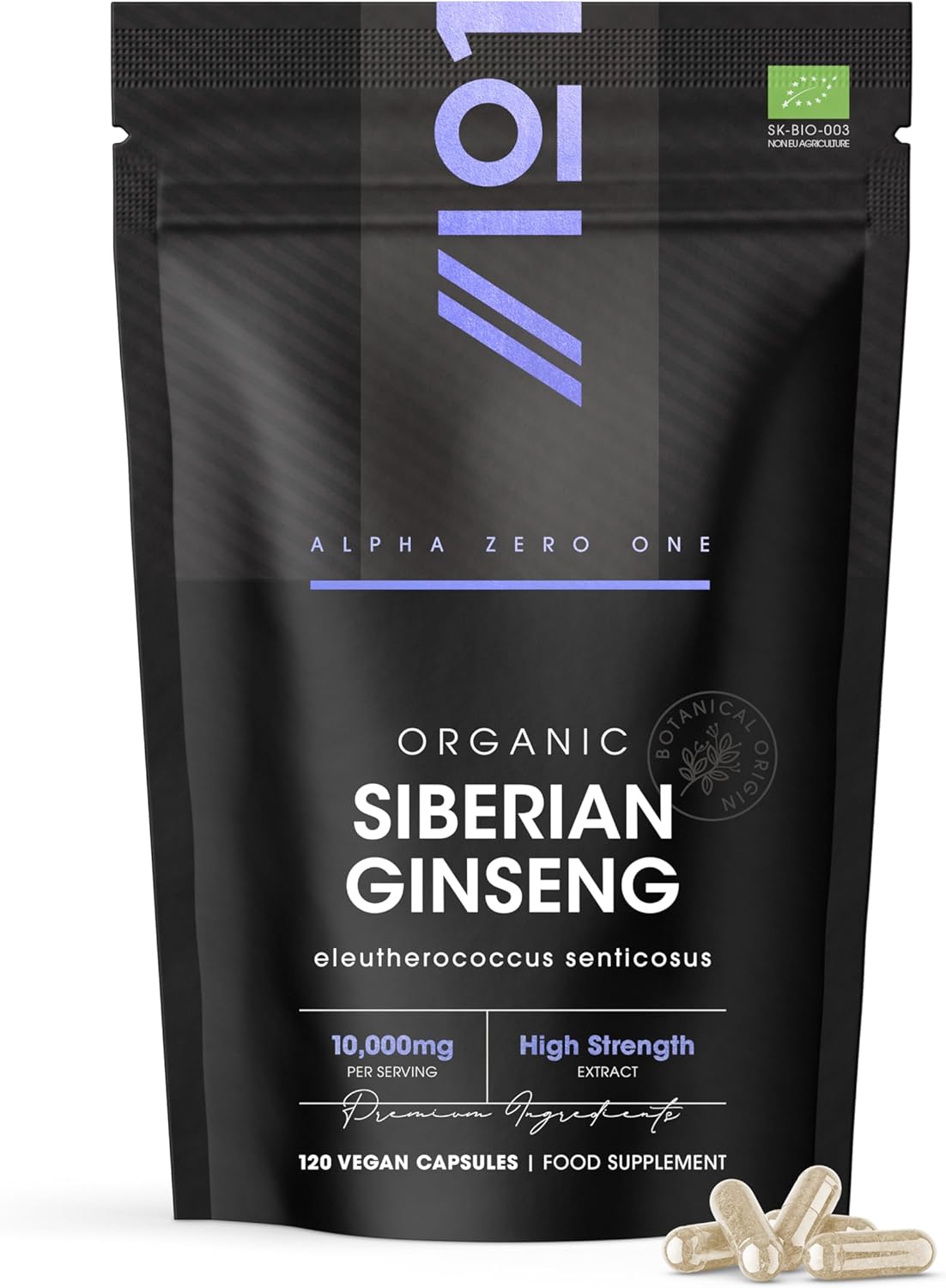Organic Siberian Ginseng 10,000mg – High Strength Eleutherococcus Senticosus 15:1 Extract – 120 Vegan Capsules – Resealable and Recyclable Pouch by Alpha01