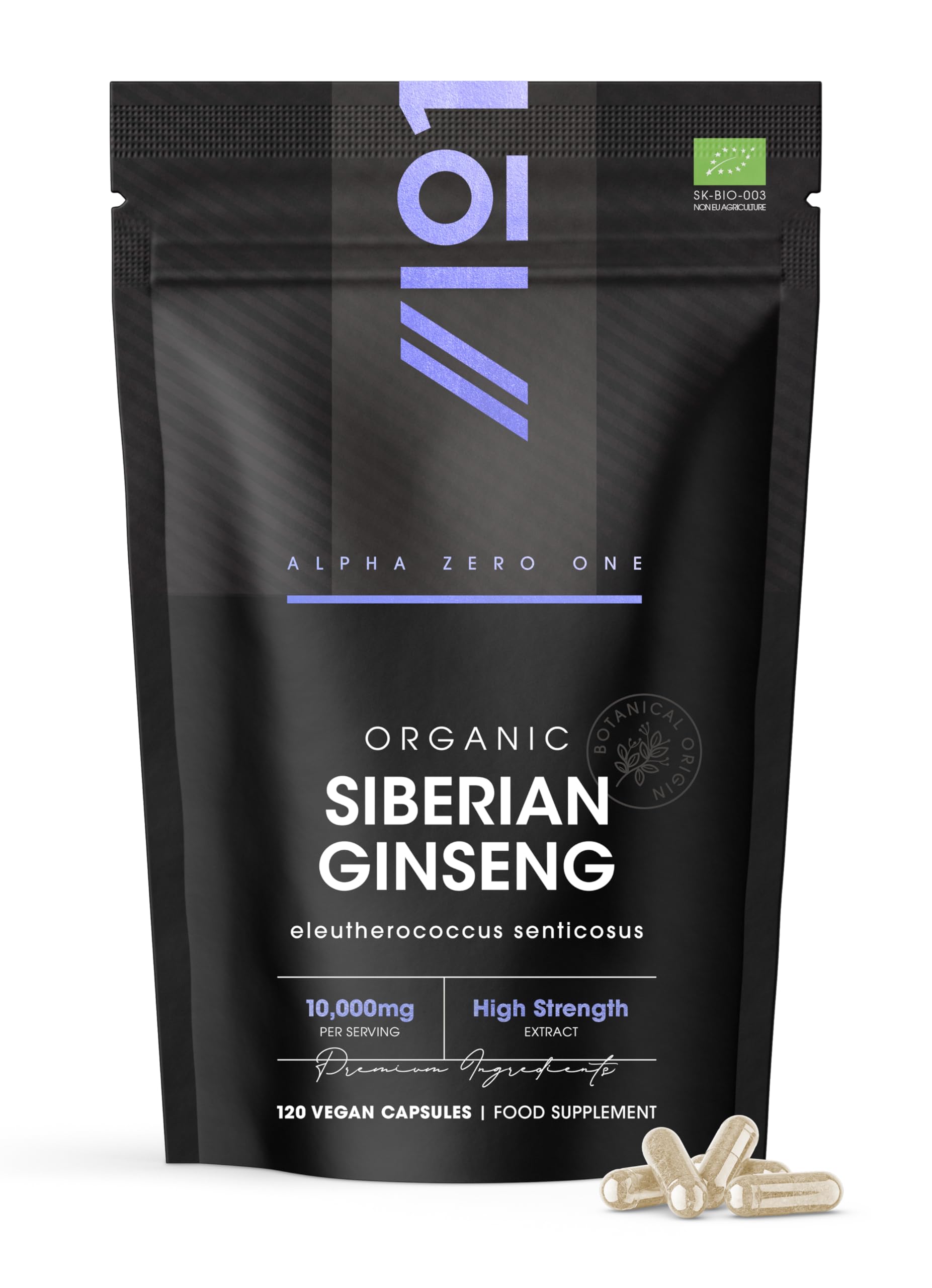 Organic Siberian Ginseng 10,000mg - High Strength Eleutherococcus Senticosus 15:1 Extract - 120 Vegan Capsules – Resealable and Recyclable Pouch by Alpha01
