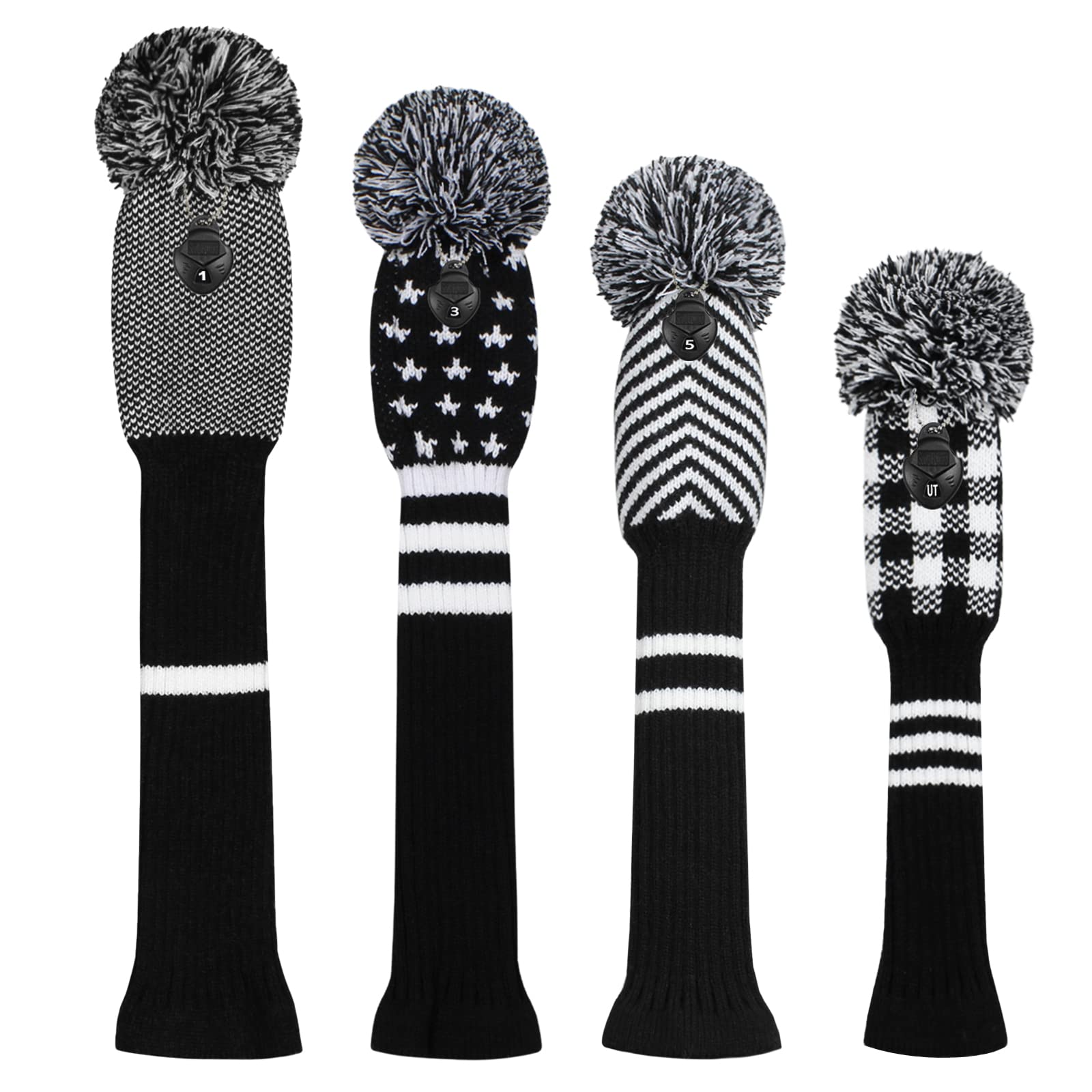Scott Edward Knitted Golf Head Covers 4PCS Handmade Fit Well for Driver and Fairway Woods with Long Neck Pom Pom Golf Club Headcovers Set Colorful Multiple Colors