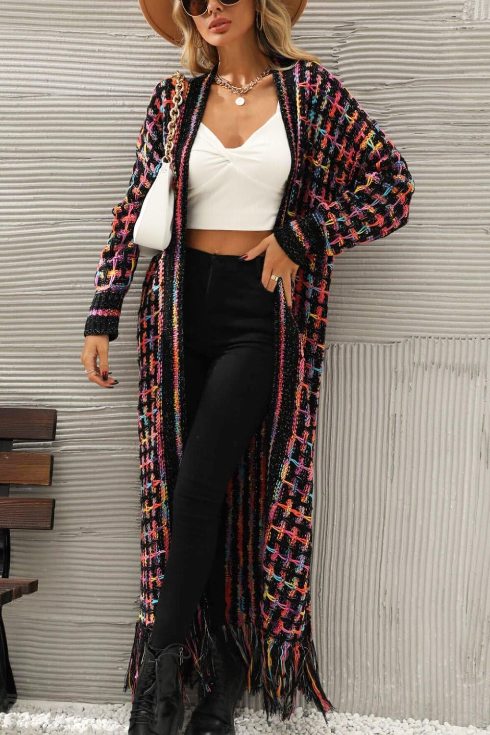 Women Multicolored Open Front Fringe Hem Cardigan