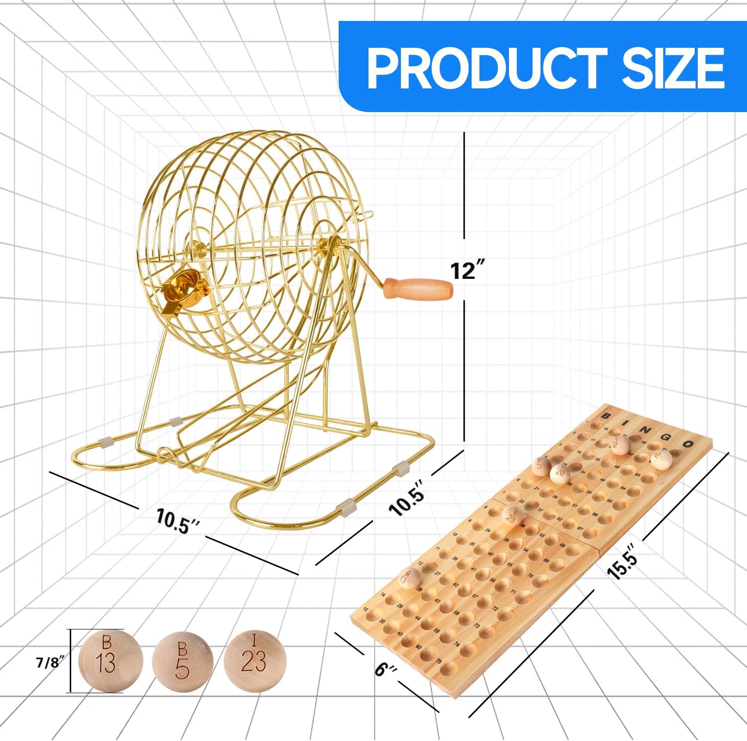 GSE Games & Sports Expert Deluxe Bingo Game Set with Large Gold/Brass Metal Bingo Cage (12" Tall), Folding Wooden Master Board, 7/8" Wooden Calling Balls for Family Game Night & Parties