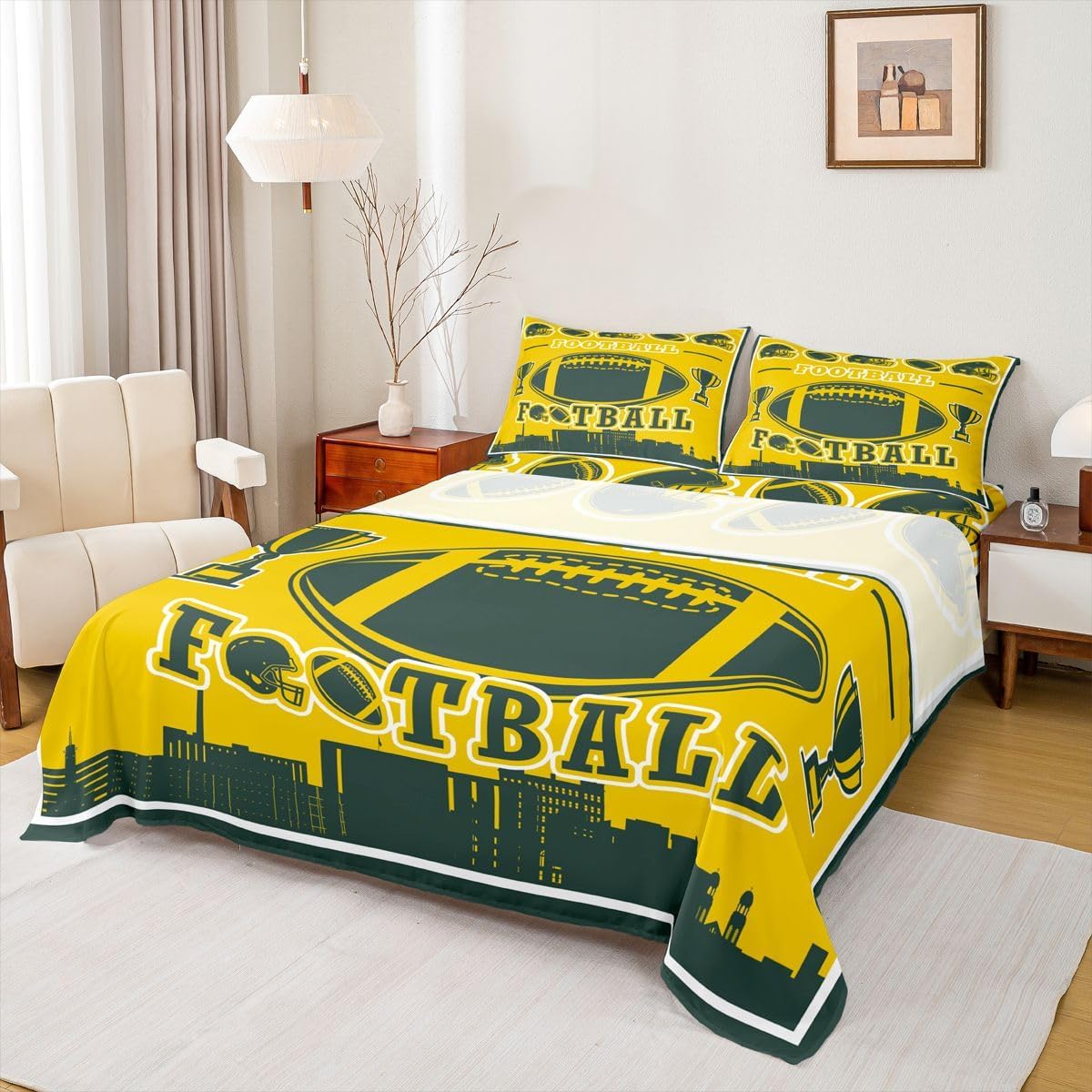 Erosebridal Football Sheets Full Size,Rugby Ball Game Bed Sheets for Sports Fans,Football City Silhouette Bedding Set for Kids Boys Men Adult,Yellow Green Rugby Flat Fitted Sheet