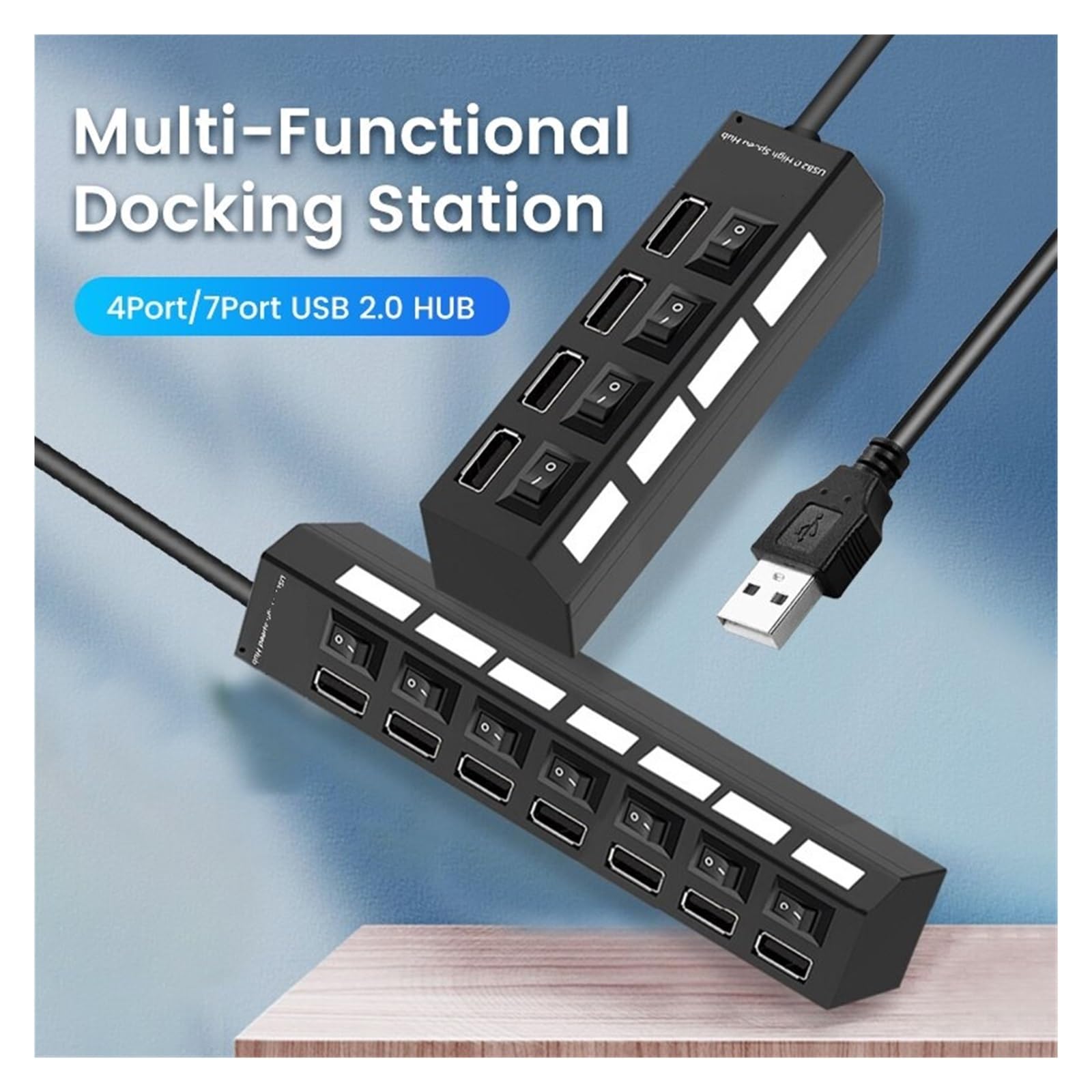Koncentrator USB 2.0 Rozdzielacz Wielu Portów Hub Użyj Zasilacza 7-portowy Wielokrotny Ekspandera Z Przełącznikiem Kabel 30 Cm MożLiwość Szybkiego łAdowania(White)