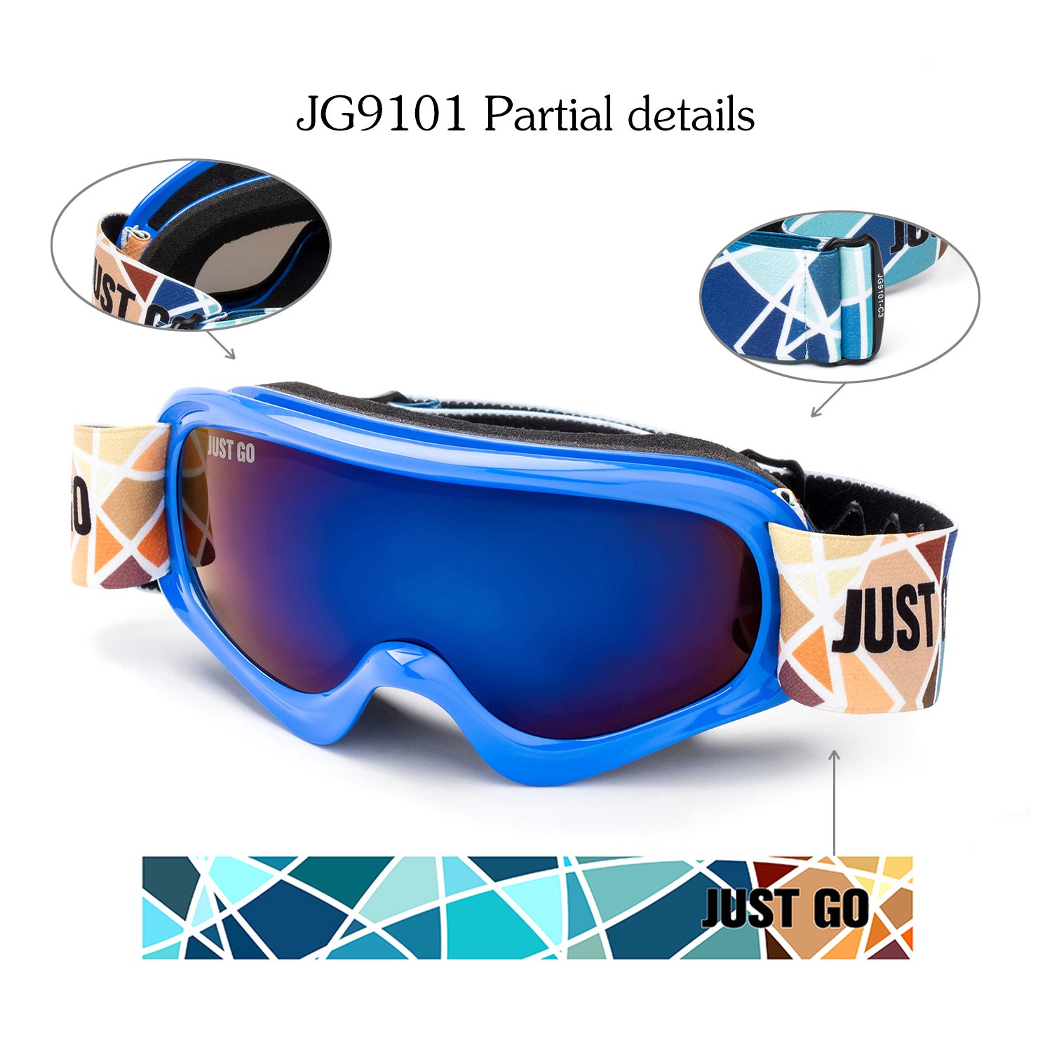 JUST GO Gogle narciarskie dla dzieci z etui EVA, gogle snowboardowe, przeciwmgielne, dwuwarstwowe soczewki ochronne UV 400, dla chłopców i dziewczynek, niebieska ramka, niebieskie soczewki REVO (VLT
