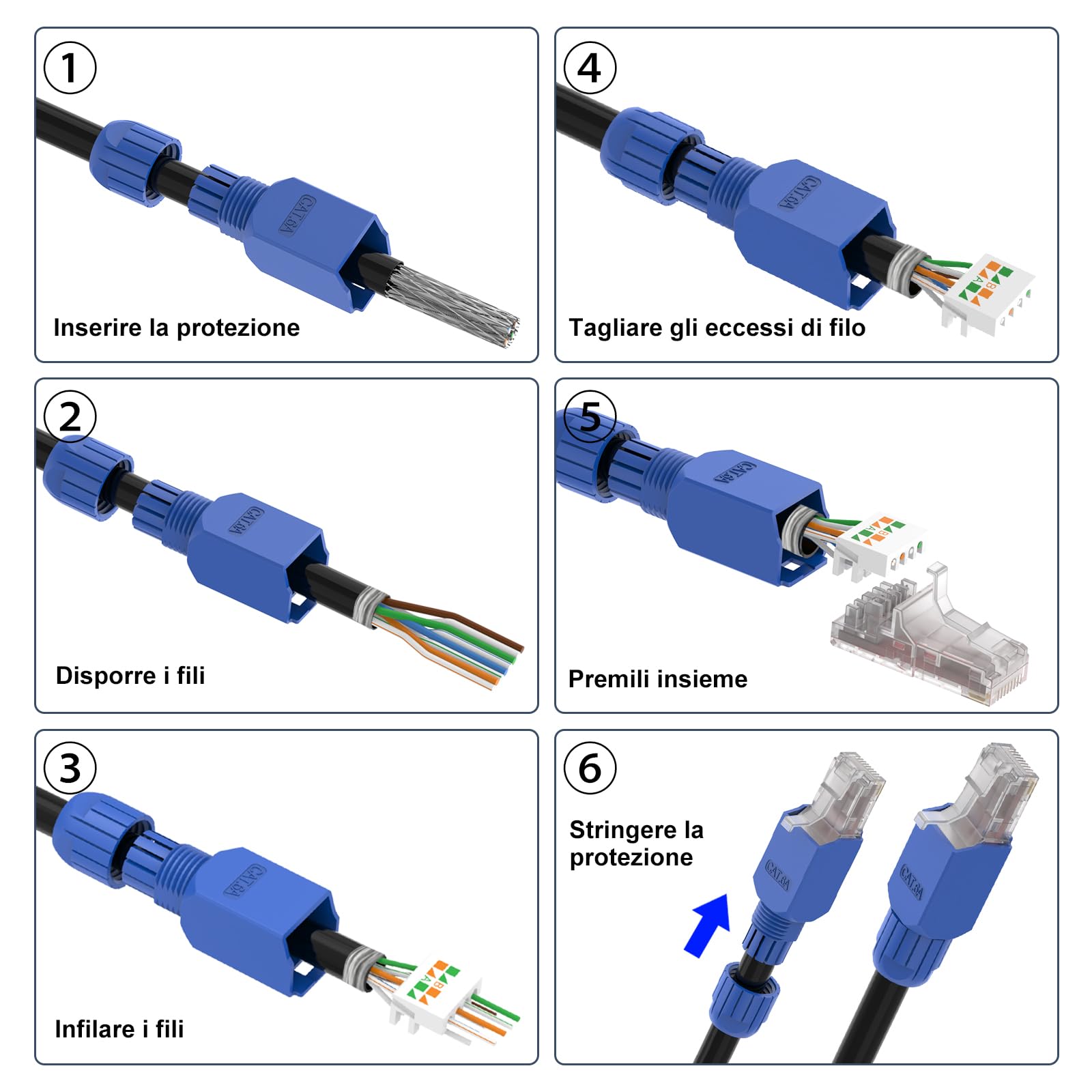 VCELINK Cat6A Connettori RJ45 Senza Attrezzi, 10Gbps/500MHz, UTP Plug Ethernet Placcato Oro Riutilizzabili per Router, Switch, Modem, PC, Facili da Installare, Blu, 4 Pezzi