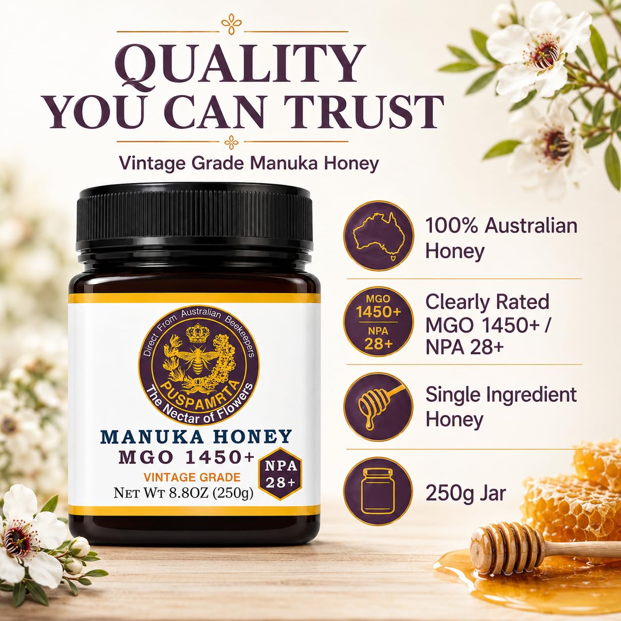 Puspamrta Australischer Manuka Rohhonig MGO 1450+ NPA 28+ 250g | MGO 1450+ NPA 28+ Australian Manuka honey, 250g jar for tea, toast, breakfast and pantry use