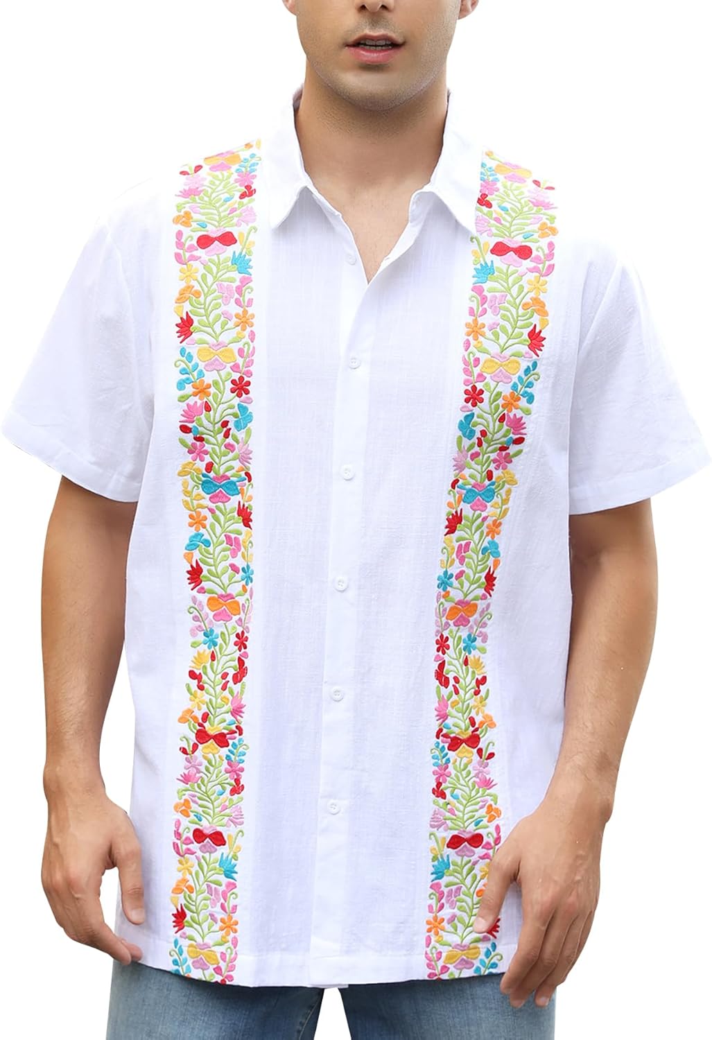 Mexican Shirts for Men Guayabera Embroidered Traditional Fiesta Button Up Collared Short Sleeve Shirt