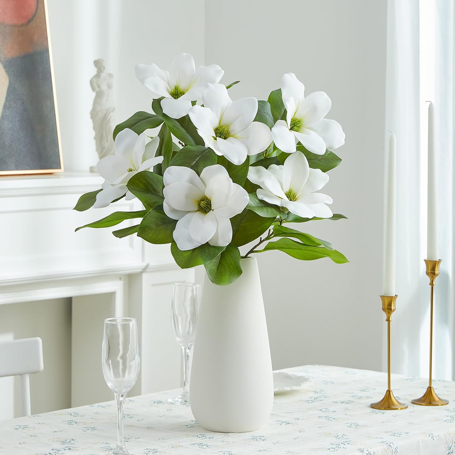 Heleze Artificial Magnolia Flowers Branches 28 Inch Faux Greenery Stems with Leaves Real Touch Magnolia Home Decor 3 Pcs White