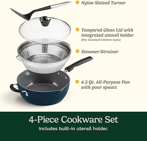 Miniatura 9 de Set de sartenes de 4 piezas de Cuisinart Preferred - Nouveau Navy (sartén multiusos de 4.5 cuartos con tapa, vaporera, volteador ranurado)