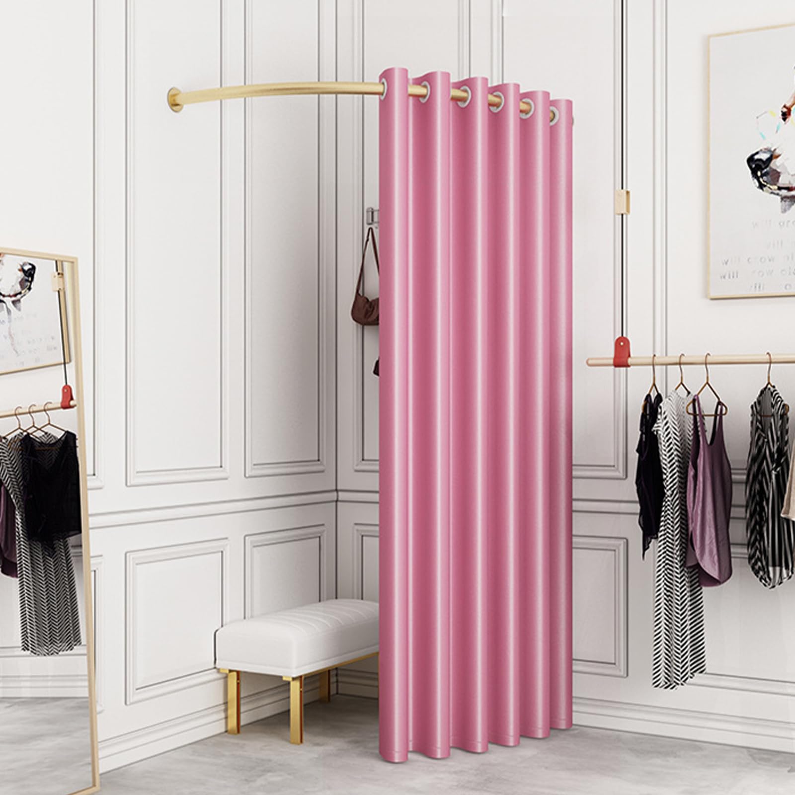 LOYALHEARTDY Clothing Store Fitting Room,Clothing Store Fitting Room with Pink Privacy Shading Curtain,C-Dressing Corner Wall Mounted Changing Room for Privacy Protection for for Retail Cloth Store