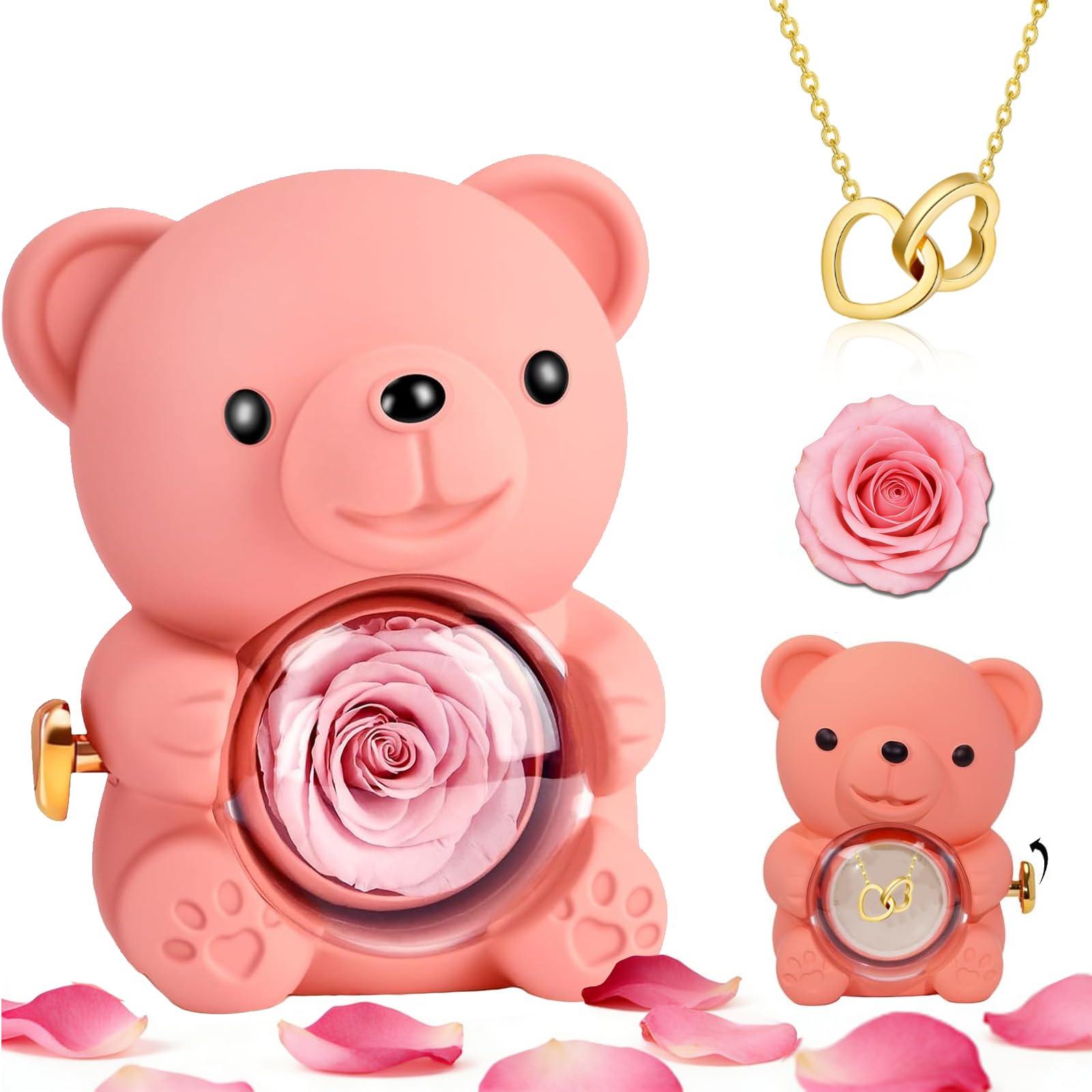 Oso Rosa Preservada con Collar de Corazón, Osito Rosa Eterna Rojo, Regalo San Valentin Mujer, Regalo Mujer Cumpleaños Mama, Aniversario, Originales Oso con Flor Eterna